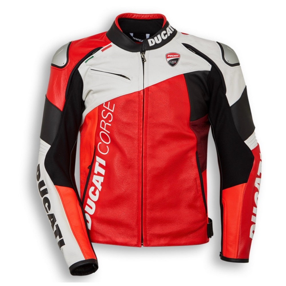 Ducati Corse C6 leather motorcycle perforated jacket by Dainese red/white/black.